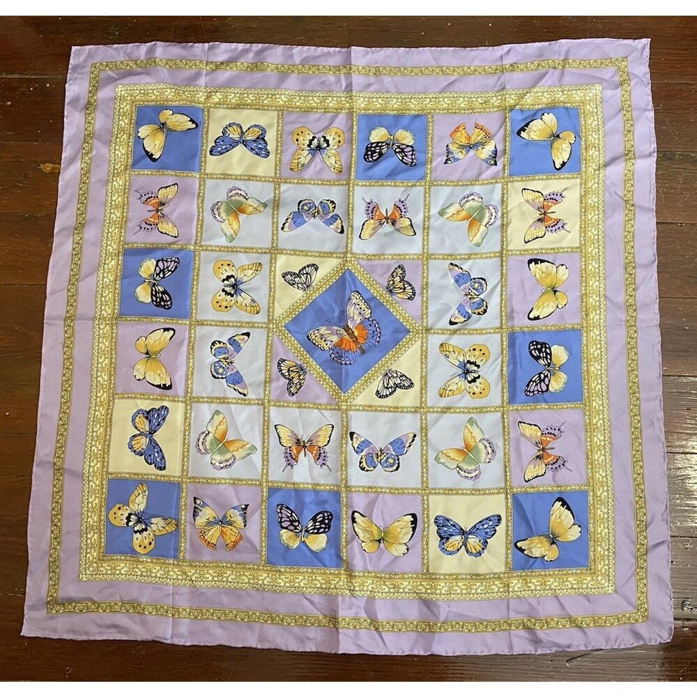 VTG ALESSANDRO MEUCCI 34" Sq SILK SCARF Butterflies Italian Rolled Hem Italy